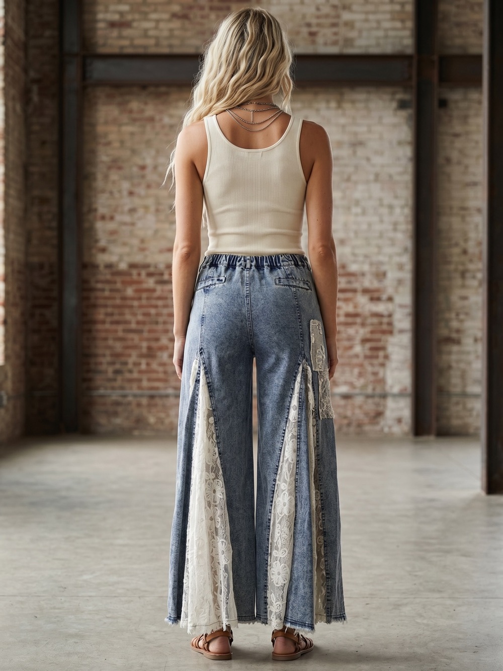 NWT Lace Panel Patchwork Exaggerated Ultra Wide Leg Flare Denim Jeans Pants - Picture 7 of 7